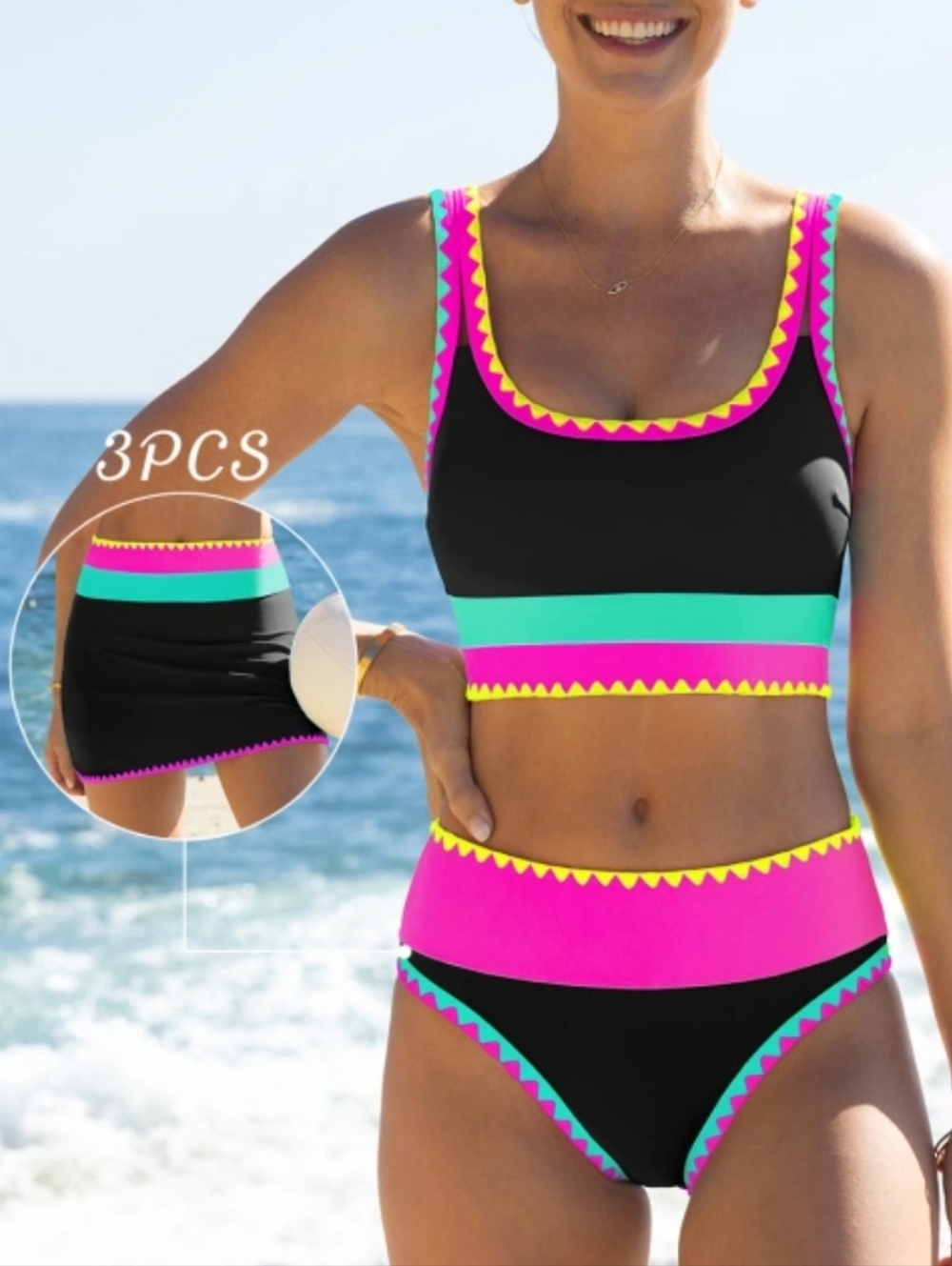 Popvil Color Block High Waisted Bikini Bottom & Skirt Set(2 Pieces) Small, NWOT